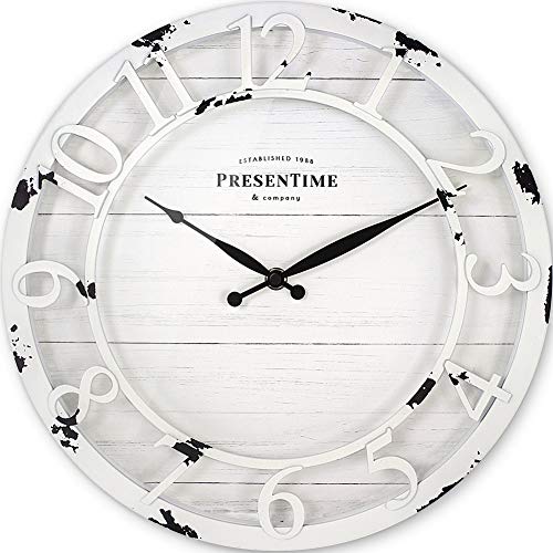 13" Farmhouse Series Wall Clock | Quartz Movement, Shiplap Style, Raised 3D Arabic Numeral, Antique Distressed White - color: Antique Distressed White, size: 13 inch