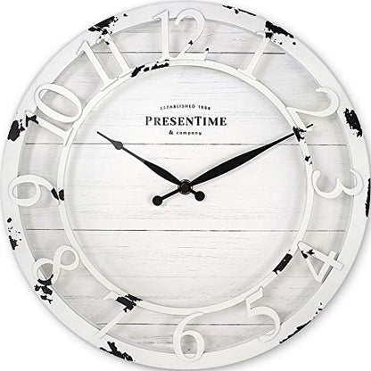 13" Farmhouse Series Wall Clock | Quartz Movement, Shiplap Style, Raised 3D Arabic Numeral, Antique Distressed White - color: Antique Distressed White, size: 13 inch