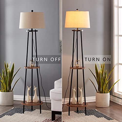 Maxax Shelf Floor Lamp for Living Room, 65" Tripod Standing Reading Lamp with 2 Shelves, 3 Way Dimmable Display Floor Lamps with Oatmeal Fabric Shade for Office, Bedroom