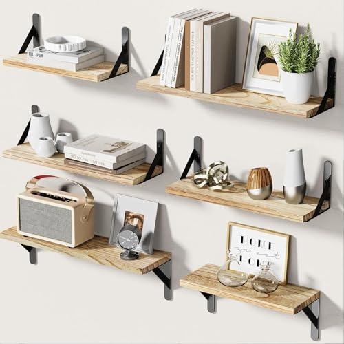 AMADA HOMEFURNISHING Wall Shelves Set of 6, Rustic Farmhouse Style, Wood Floating Shelves for Wall Decor, Bathroom & Bedroom Storage, Living Room Book Shelves, 6pcs - color: Wooden, size: Medium