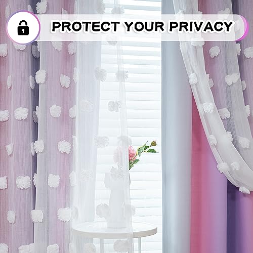 MYSKY HOME Pink Purple Curtains for Girls Bedroom - 54 Inch Long White Pom Pom Sheer Small Double Layer Grommet Room Darkening Nursery Curtains, 52 X 54 in - color: Pink Purple, size: 52"W x 54"L (Pack of 2)
