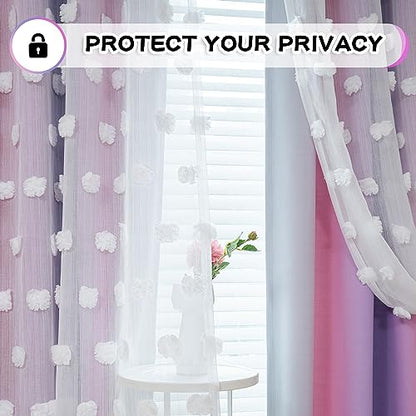 MYSKY HOME Pink Purple Curtains for Girls Bedroom - 54 Inch Long White Pom Pom Sheer Small Double Layer Grommet Room Darkening Nursery Curtains, 52 X 54 in - color: Pink Purple, size: 52"W x 54"L (Pack of 2)