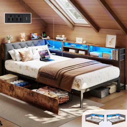 Twin XL Corner Bed Frame with Storage Bookcase and Headboard, Metal Platform Twin XL Bed with LED Lights and Charging Station, Modern Daybed with 2 Storage Drawers for Kids Teens, Vintage Brown - color: Vintage Brown, size: Twin XL