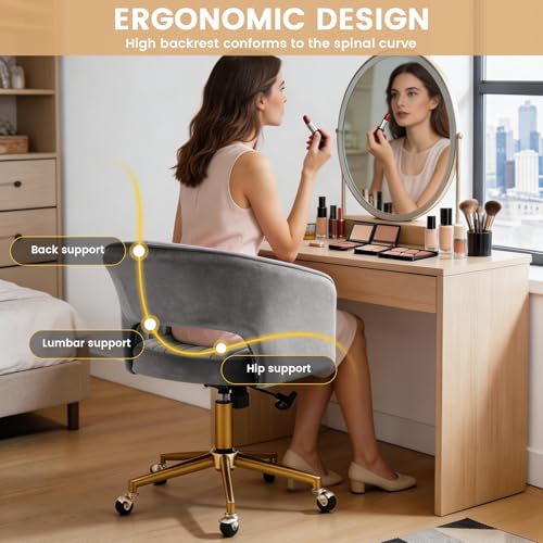 Vanity Chair with Back 360 Swivel Armchair and Gold Base, Criss Cross Chair with Wheels for Vanity Home Office, Living Room, Bedroom and Study (Grey) - color: Grey