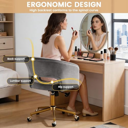 Vanity Chair with Back 360 Swivel Armchair and Gold Base, Criss Cross Chair with Wheels for Vanity Home Office, Living Room, Bedroom and Study (Grey) - color: Grey