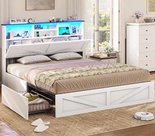 Farmhouse Bed Frame Full Size with Bookcase Storage Headboard, Charging Station and LED Lights, Wooden Full Bed Frame with 4 Drawers, Barn Door Design, No Box Spring Needed, No Noise, White - color: White, size: Full