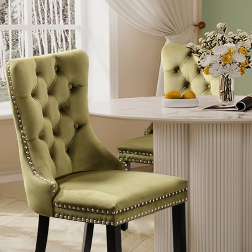 Velvet Upholstered Dining Chairs Set of 6, Modern Style Kitchen Side Chairs with Nailhead Trim and Wood Legs,Metal Pulling Ring for Dining Room Living Room(Olive Green,Set of 6) - color: Olive Green, size: Set of 6