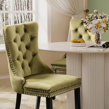 Velvet Upholstered Dining Chairs Set of 8, Modern Style Kitchen Side Chairs with Nailhead Trim and Wood Legs,Metal Pulling Ring for Dining Room Living Room(Olive Green) - color: Olive Green, size: Set of 8