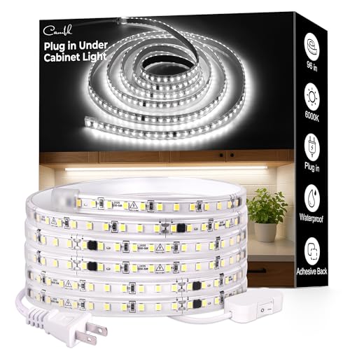 96inch Plug in Under Cabinet Lighting Strip for Kitchen, 120V Bright LED Under Counter Lights 6000k White Slim, Luces para Cocina Bajo Gabinete Under Shelf Wired Light for Sink/Workbench/Bookshelf - size: 96inch
