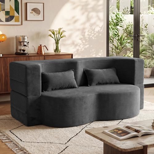 2 in 1 Convertible Compressed Sofa Bed, 54'' Modern Boneless Loveseat Sleeper in a Box, Floor Mattress Futon Couch, No Assembly Needed, Space Saving, Dark Grey, Full, 2 Pillows, for Small Living Room - color: Corduroy Dark Grey, size: 54'' Full