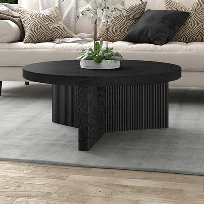 Henn&Hart 36" Scandinavian Fluted Coffee Table, Natural Black | Ribbed pedestal base and low profile bring Scandinavian style to small spaces including living rooms or family rooms - color: Natural Black, size: 36 inches