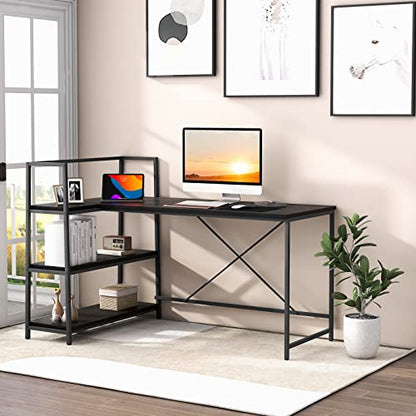 Tangkula Reversible L-Shaped Computer Desk, Space Saving Corner Desk with 3-Tier Storage Shelves & Metal Frame, Modern Executive Home Office Desk, PC Laptop Desk Workstation for Small Space (Black)
