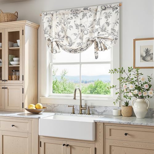 jinchan Linen Blend Kitchen Valance Curtain, Tie up, 42x54, 1 Panel, Grey | Light filtering, linen blend, rod pocket, farmhouse style, rustic decor, kitchen, bathroom, laundry room, RV, small windows - color: Botanical | Grey on Linen, size: 42"W x 54"L (