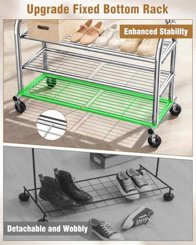 Heavy Duty Clothes Rack for Hanging Clothes Load 688 LBS, Height Adjustable Rolling Clothing Racks, Portable Metal Coat Rack Garment Wardrobe with Wheels and 3 Shelves for Bedroom, Silver - color: Silver, style: 3 Shelves