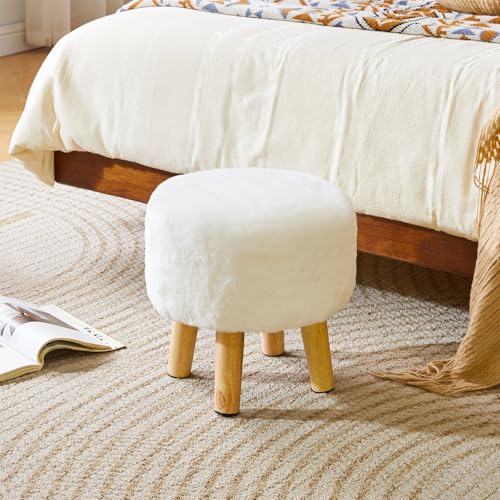 YMYNY Round Pouf Ottoman, 12.6" Small Foot Stool, White HBD035W | Faux Fur, Wood Legs, Foot Rest for Couch, Modern Boho for Living Room Bedroom Office - color: White