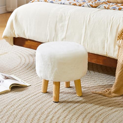 YMYNY Round Pouf Ottoman, 12.6" Small Foot Stool, White HBD035W | Faux Fur, Wood Legs, Foot Rest for Couch, Modern Boho for Living Room Bedroom Office - color: White