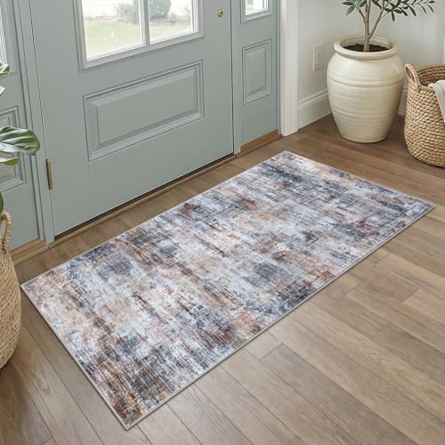 Abstract Runner Rug 2x4 Ft Entryway Rugs Washable Door Mat Indoor Entrance, Rubber Backed Entryway Runners, Printed Faux Wool Non Slip Floor Carpet for Foyer Front Door Sink, Orange Grey - color: Orange/Brown/Grey, size: 2' x 4' (Rectangular)