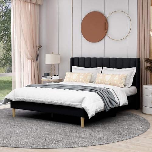 AGARTT Upholstered Platform Bed Frame Queen Size, Black Linen | Headboard and Footboard/Wooden Slats Support/No Box Spring Needed/Easy Assembly - color: Black Linen, size: Queen