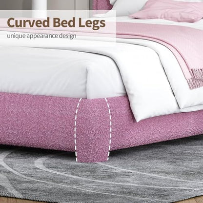 BarnFurin Twin Bed Frame, Cloud Boucle Headboard, Low Profile, Rose Pink | Soft boucle and rounded edges create a low-profile cloud look. Wooden slats support the mattress without a box spring - color: Rose Pink, size: Twin