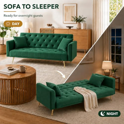 72"Modern Velvet Sofa Bed Futon,Convertible Folding Sleeper Bed Couches with 3 Adjustable Backrests,Tufted Recliner Love Seat with Golden Chrome Legs for Living Room Apartment Office (Green+pillows) - color: Green+pillows