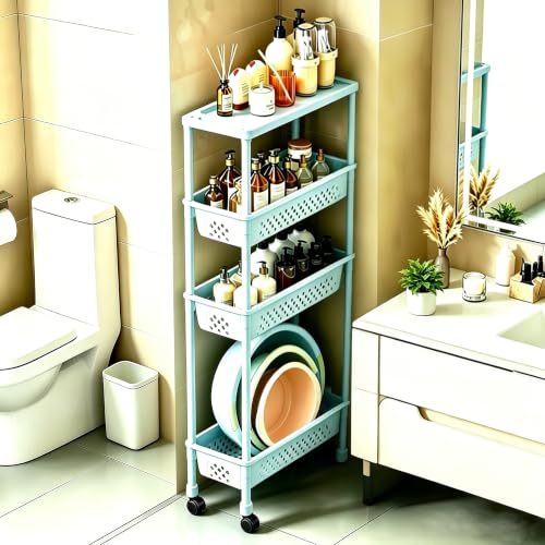 Slim 4 Tier Rolling Storage Cart Narrow Bathroom Organizer on Wheels Blue | 6.7" wide for tight bathroom/kitchen gaps, extra-tall tier, 360° casters, quick-dry shelves, tool-free storage rack - color: Blue