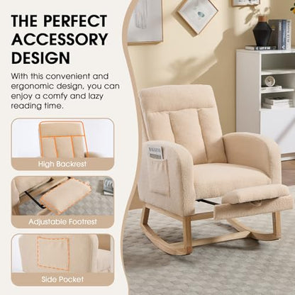 Rocking Chair Nursing, Rocker Chair with Footrest (Beige) | Teddy Boucle Upholstered Accent Reading Chair with High Back & Side Pocket for Living Room Bedroom Nursery Office - color: Beige
