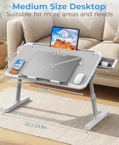 HETTHI Laptop Bed Table, Height & Angle Adjustable Laptop Desk for Bed with Premium Materials, Super Sturdy Foldable Laptop Bed Tray Table with Drawer for Bed Couch Floor (Gray, 22.04"×12.2") - color: Gray