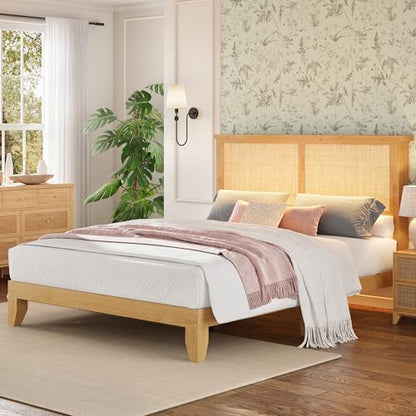 Garvee Bohemian Full Rattan Bed LED Natural Headboard Bedroom | Bohemian full rattan bed with natural headboard, LED lights, solid wood frame. No box spring needed for bedroom use. - size: Full(0 Drawers)