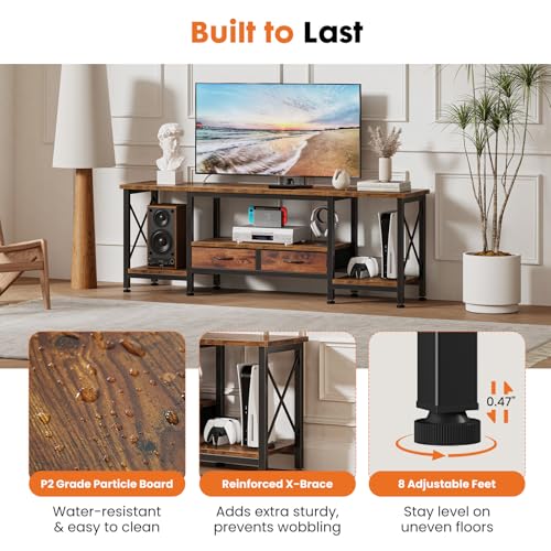 DUMOS TV Stand with Fabric Drawers for 65 70 75 Inches TV | Entertainment Center and Industrial TV Console Table with Open Storage Shelves for Living Room, Bedroom, 63" Rustic Brown - size: 63 Inch