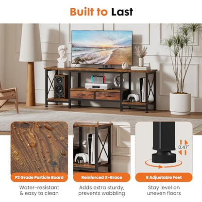DUMOS TV Stand with Fabric Drawers for 65 70 75 Inches TV | Entertainment Center and Industrial TV Console Table with Open Storage Shelves for Living Room, Bedroom, 63" Rustic Brown - size: 63 Inch