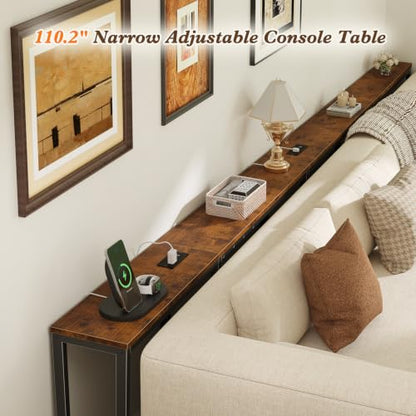 110.2" Narrow Adjustable Console Table with 2 Outlets, 39.3"-51.2" Adjustable Length U Shaped Table Behind Couch, 4 Assembly Options, Extra-Long L Shaped Entryway Tables for Living Room, - color: Rustic Brown
