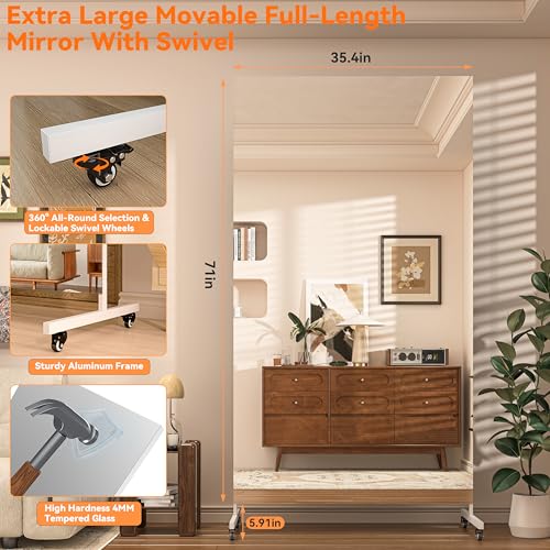 Hasipu 71" x 36" Full Length Floor Mirror on Wheels, White | Tempered glass, sturdy metal frame, smooth rolling casters, removable stand, ideal for gym, bedroom, dance studio - size: 71"L x 36"W
