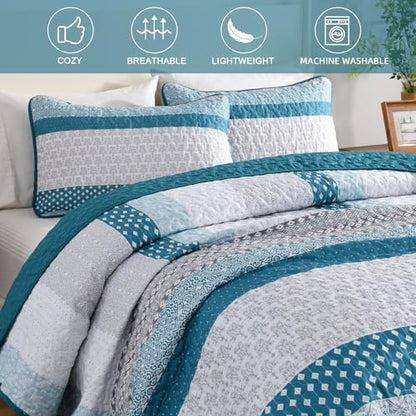 WONGS BEDDING Teal Blue Queen Size Quilt Set, Boho Striped Bedspread | 3 Pieces Ultra Soft Lightweight Bedding Set with 2 Pillow Shams for All Seasons,Reversible Polyester (96"x90") - color: Blue Grey, size: Queen