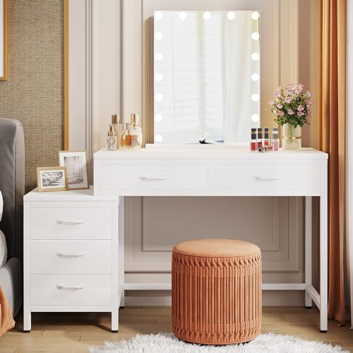 Tribesigns Vanity Desk with 5 Drawers, Makeup Vanity Table | Dressing Table with Side 3-Drawer Chest, Make Up Vanities for Women, Girls (Without Mirror), White - style: White