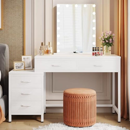Tribesigns Vanity Desk with 5 Drawers, Makeup Vanity Table | Dressing Table with Side 3-Drawer Chest, Make Up Vanities for Women, Girls (Without Mirror), White - style: White