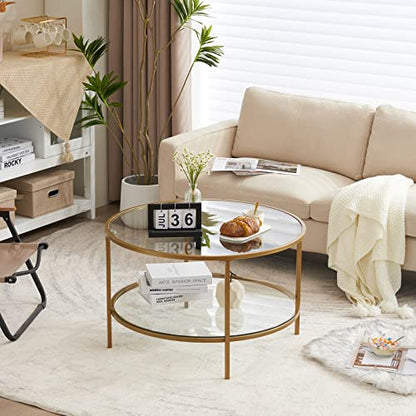 VINGLI 30" Glass Coffee Table, Round Coffee Tables Living Room, Matte Gold | 2-Tier Clear Coffee Table with Storage, Circle Side Table Metal Frame, Modern Center Table Mesa de Centro para Sala - color: Clear-matte Gold, size: 30.7"