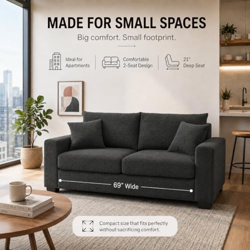 69'' Dark Grey Modern Loveseat Sofa | Upholstered 2-Seater Sofa for Living Room, Mid-Century Modern Love Seats with 2 Pillows, Deep Seat for Office Apartment - color: Dark Grey