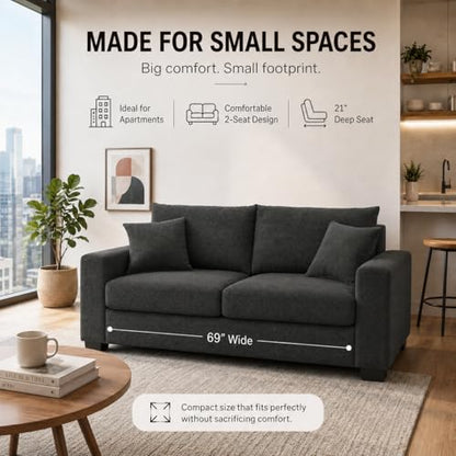 69'' Dark Grey Modern Loveseat Sofa | Upholstered 2-Seater Sofa for Living Room, Mid-Century Modern Love Seats with 2 Pillows, Deep Seat for Office Apartment - color: Dark Grey