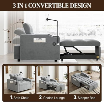 Sleeper Sofa Chair Bed 3 in 1 with Charging Ports, Phone Holder & Cup Holders - Modern Velvet Convertible Pull Out Single Sofa Bed for Small Spaces, Apartment, Dorm (Light Gray) - color: Light Gray