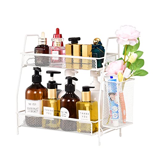 Countertop organizer for bathroom counter, bathroom organizers and storage, spice rack organizer for kitchen counter shelf with small basket(White) - color: White (Size: 7" x 12" x 13")