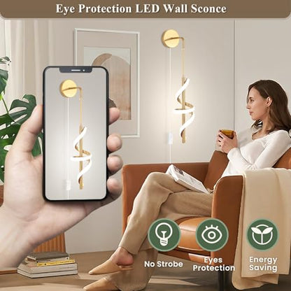 Modern Plug in Wall Sconces Set of Two,4500K Neutral Light Plug in Wall Light,Spiral Led Wall Lamp with Plug in Cord/Hardwire,Gold Indoor Sconce Wall Lighting Decor for Bedside Bedroom
