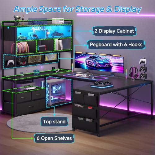 busyeah U-Shaped Gaming Desk with Storage Shelves & 3 Drawers, Black | Reversible Computer Desk with LED Lights & Charging Station, Gaming Desk with Hutch and Pegboard for Home Office, Gamers - color: Black