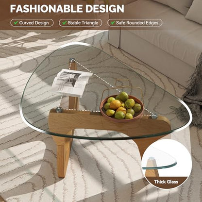 Modern Glass Coffee Table, Triangle Center Table with Tempered Glass Top& Unique Wooden Base, 31.5” Mid Century Tea Tables for Living Room, Apartment, Office,Wood &Transparent - color: Wood & Transparent, size: Small 31.5*19*15.7in