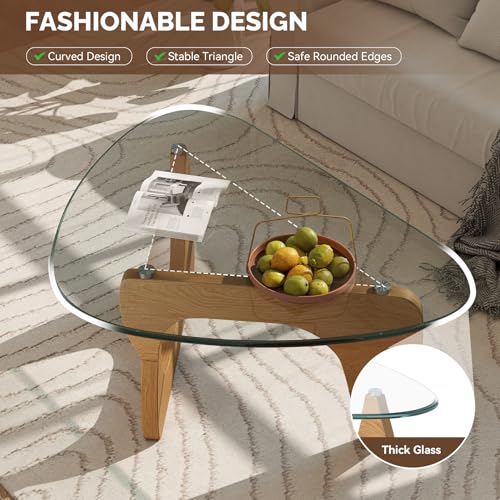 Modern Glass Coffee Table, Triangle Center Table with Tempered Glass Top& Unique Wooden Base, 35.5” Mid Century Tea Tables for Living Room, Apartment, Office,Wood &Transparent - color: Wood & Transparent, size: Medium 35.5*25.5*15.7in