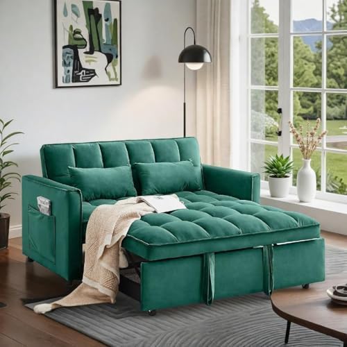 Sleeper Sofa Bed with Adjustable Backrest & Side Pockets, Green | Adjustable Backrest & Side Pockets,Pull Out Sofa,Comfortable Fabric - color: S-green-s2