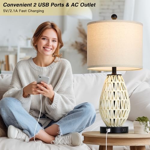 CINSARY Touch Control Rattan Table Lamps, 3 Way Dimmable Bedside Lamps for Bedroom Set of 2 with 2 USB Ports and AC Outlet, Wicker Nightstand Lamps for Living Room (LED Bulbs Included), White - color: White