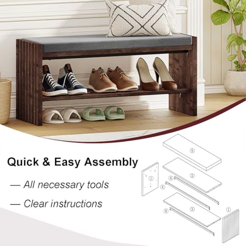 40" Storage Bench with Plush Cushion & 2-Tier Organizer, Modern Entryway Ottoman Bench for Hallway, Mudroom, Bedroom (Rustic Oak) - color: Rustic Oak
