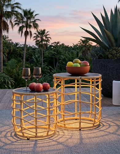 Boho Solar Outdoor Side Table with Built-in Lights Set of 2, All-Weather Wicker Nesting Tables, Round Waterproof Accent End Table Design for Patio, Porch, Garden & Balcony, Natural Brown - color: Natural Brown
