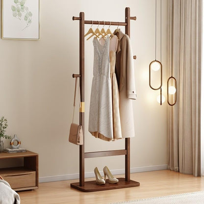 Solid Wood Coat Rack Freestanding, 71" Heavy Duty Clothes Rack with Dual Rods & Hooks, Stable Space Saving Hall Tree Entryway Organizer for Bedroom, Living Room (Walnut) - color: Walnut