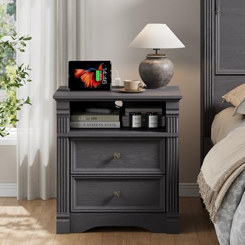 Grey Nightstand with Charging Station, Farmhouse Bedside Table, End Table with 2 Drawers and Chic Wood Pilasters Design, Wood Side Table with Metal Handles for Bedroom, Living Room - color: Grey, size: 15.7"D x 22"W x 23.6"H (2 Drawers)